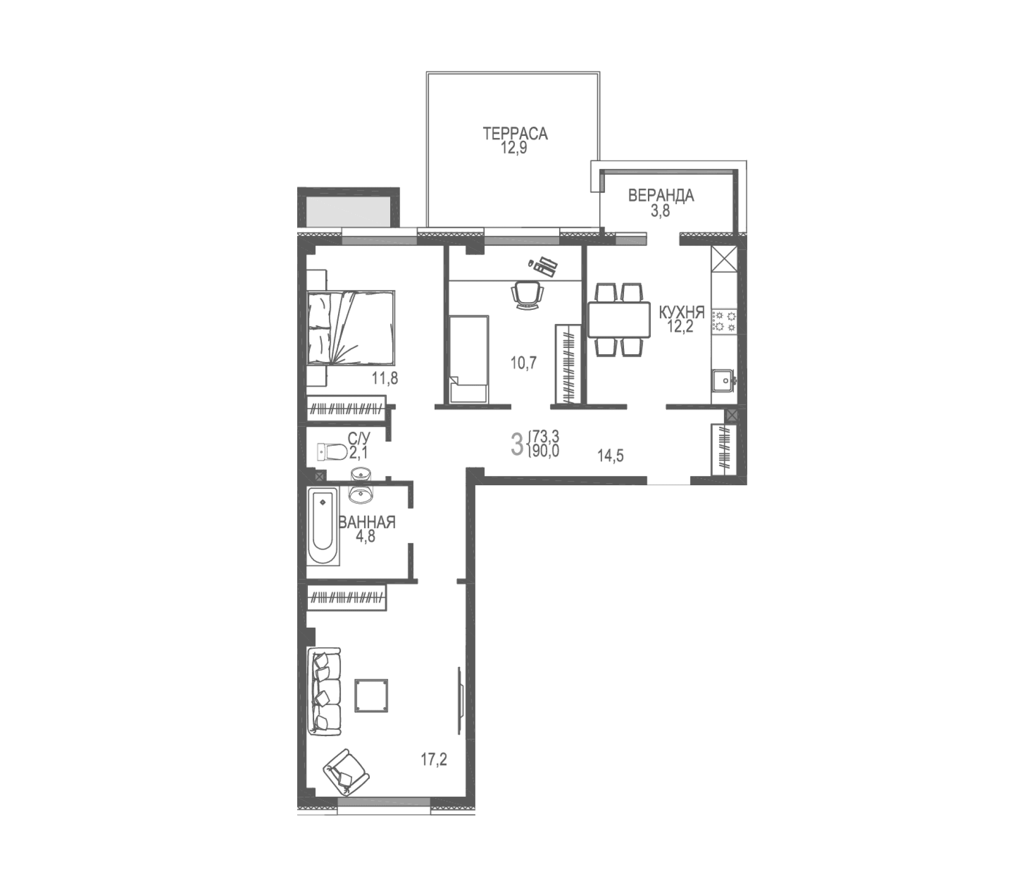 3-комн., 73.3 м²