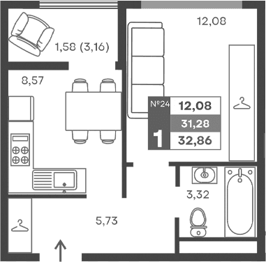 1-комн., 29.7 м²