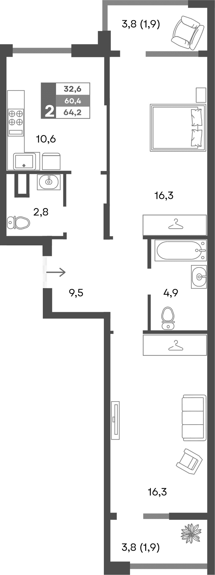 2-комн., 60.4 м²