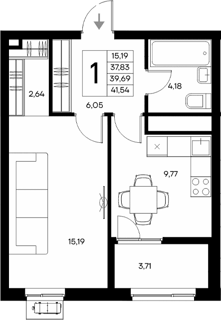 1-комн., 37.83 м²
