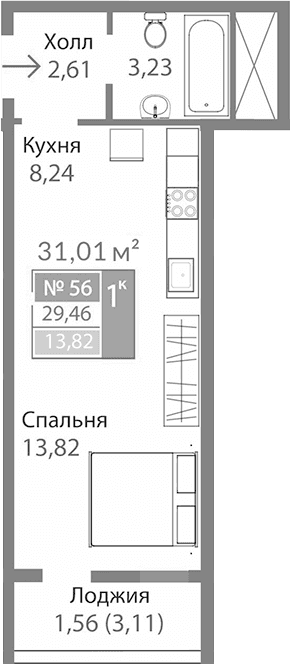 Студия, 27.9 м²