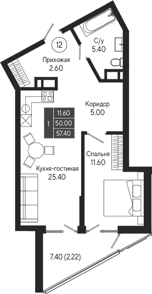 1-комн., 50 м²