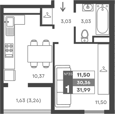 1-комн., 28.73 м²