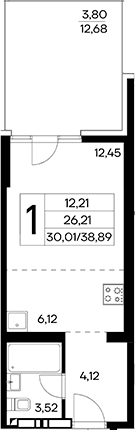 Студия, 35.09 м²