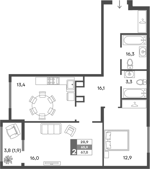 2-комн., 65.9 м²