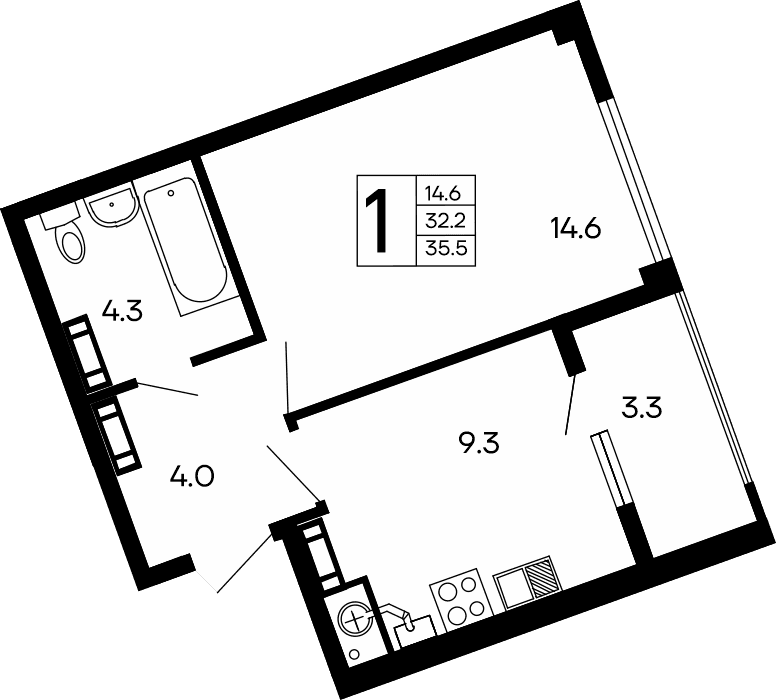 1-комн., 32.2 м²