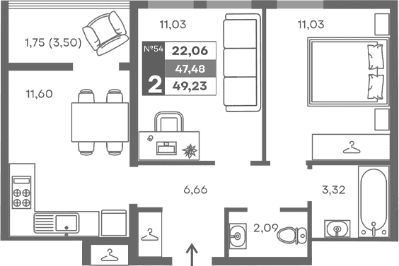 2-комн., 45.73 м²