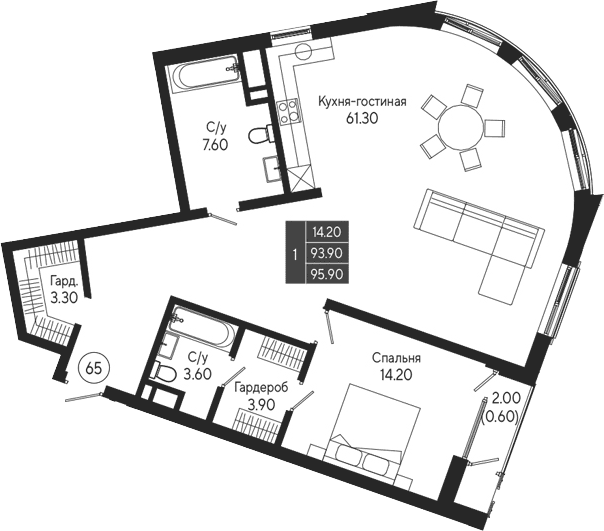 1-комн., 93.9 м²