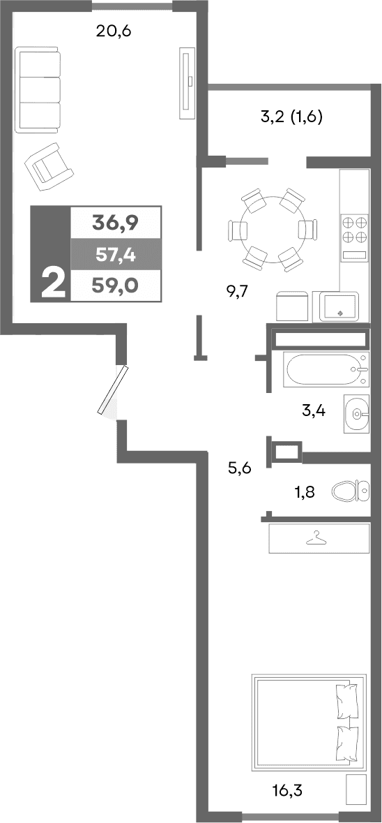 2-комн., 57.4 м²