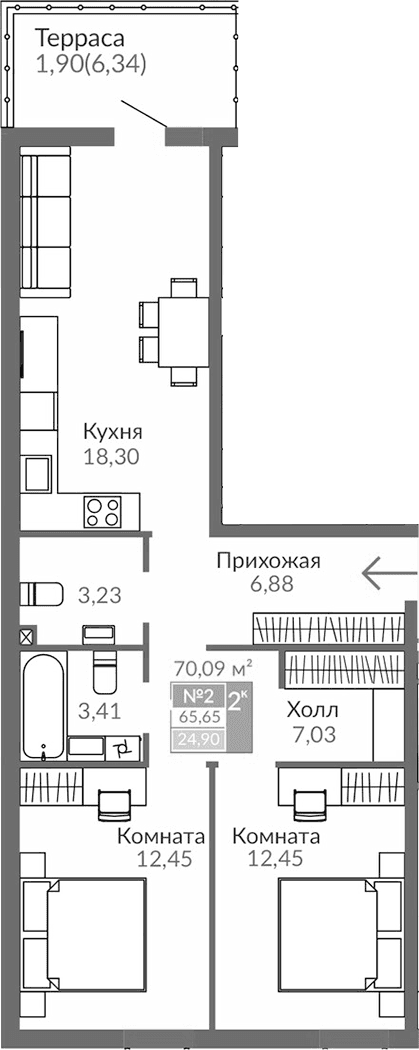 2-комн., 63.75 м²