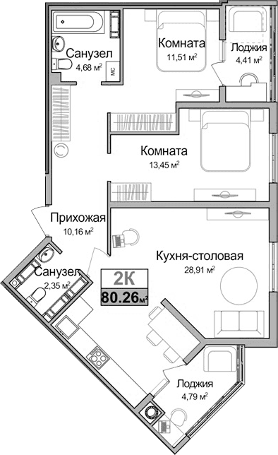 2-комн., 66.46 м²