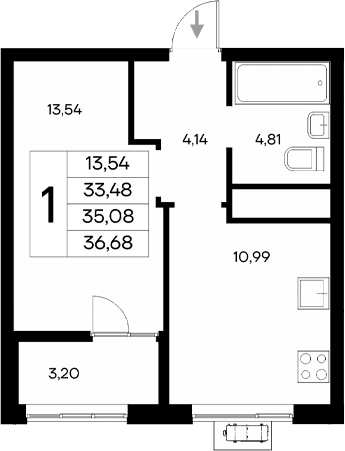 1-комн., 33.48 м²