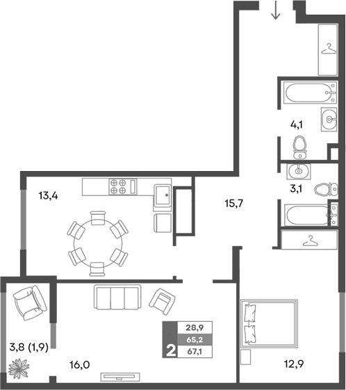 2-комн., 65.2 м²