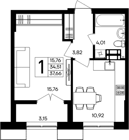 1-комн., 34.51 м²