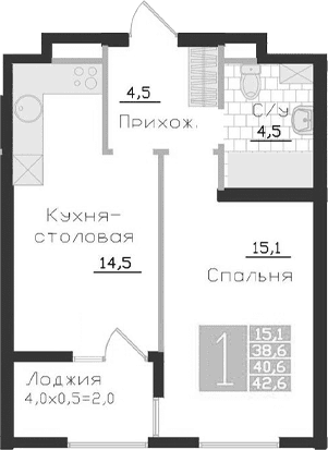 1-комн., 38.6 м²