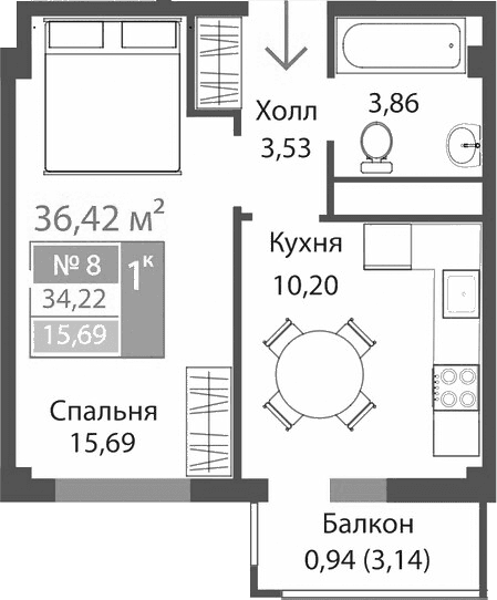 1-комн., 33.28 м²