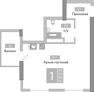 Студия, 31 м²
