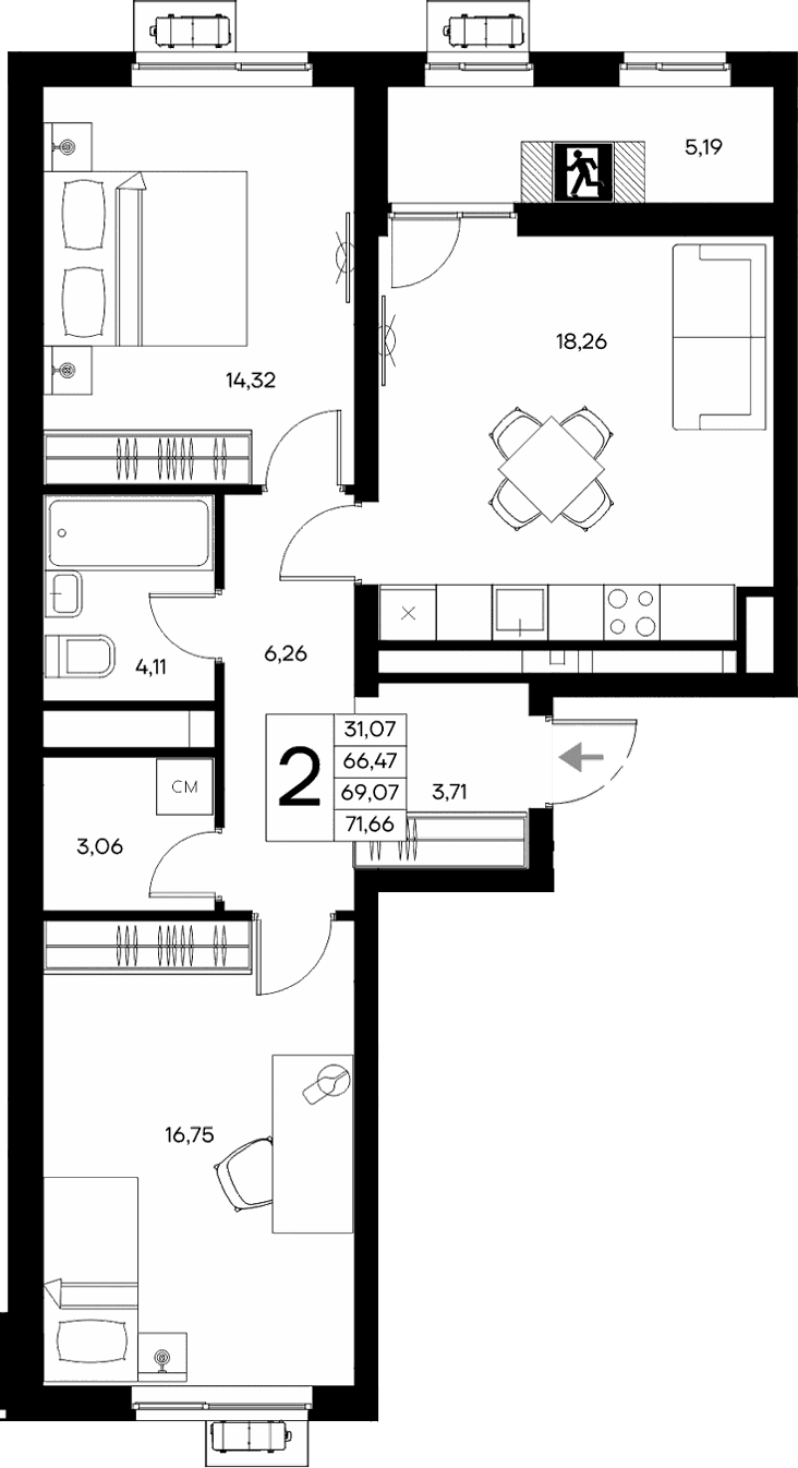 2-комн., 66.47 м²