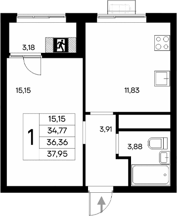 1-комн., 34.77 м²