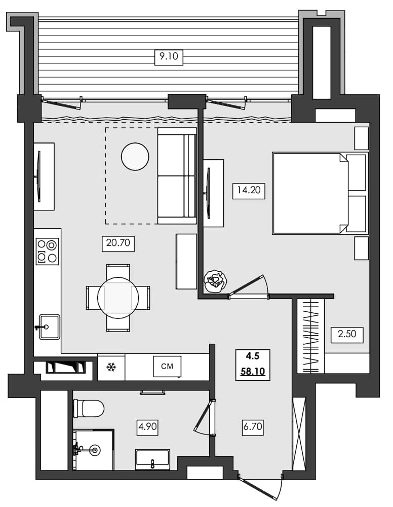 1-комн., 49 м²