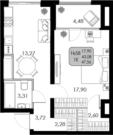 1-комн., 43.08 м²