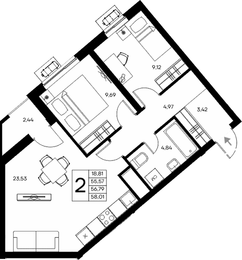2-комн., 55.57 м²