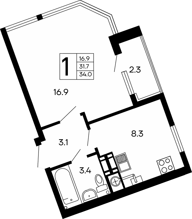 1-комн., 31.7 м²
