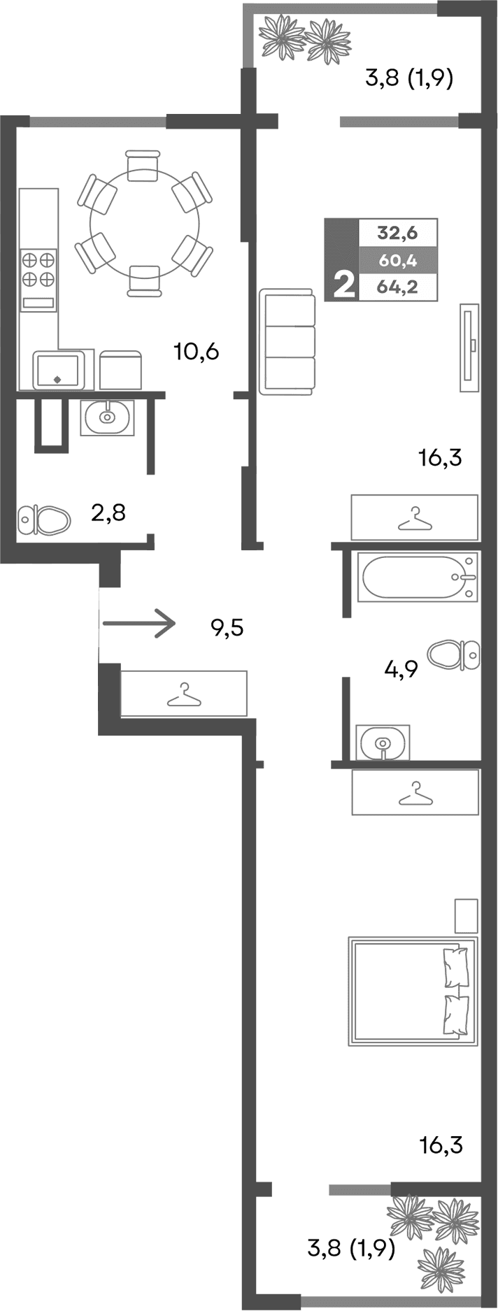 2-комн., 60.4 м²