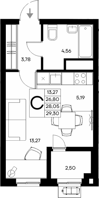 Студия, 26.8 м²