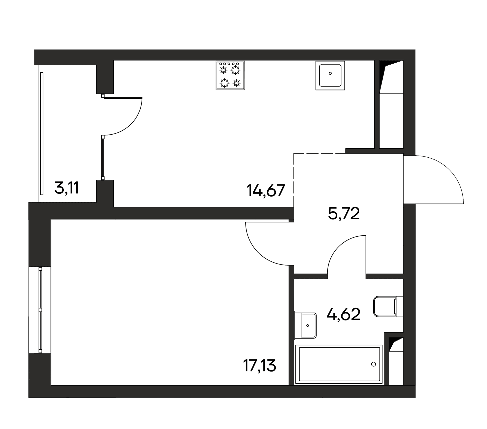 1-комн., 42.14 м²