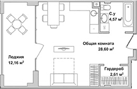 Студия, 35.54 м²