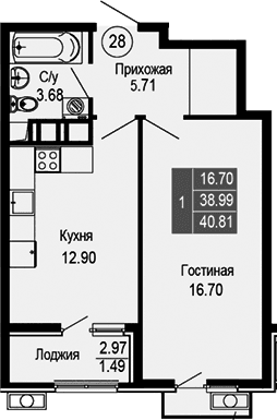 1-комн., 38.99 м²