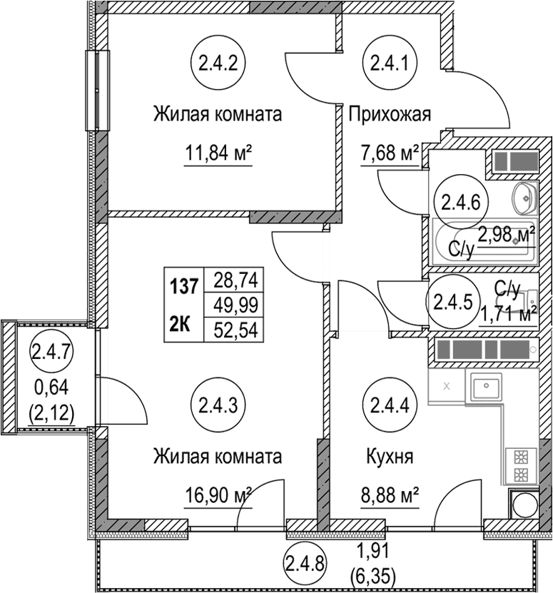 2-комн., 49.99 м²