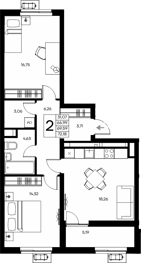 2-комн., 66.99 м²