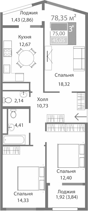 3-комн., 75 м²