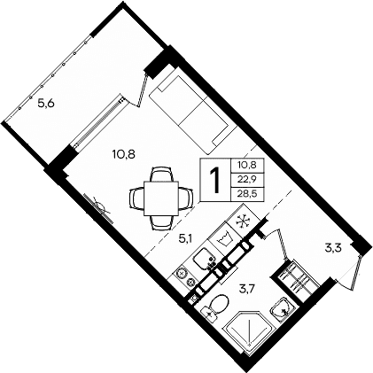 Студия, 22.9 м²