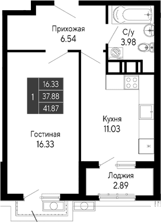 1-комн., 37.88 м²