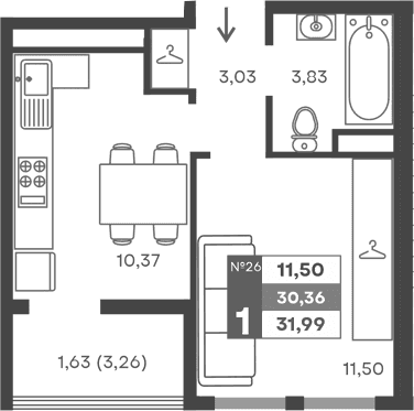 1-комн., 28.73 м²