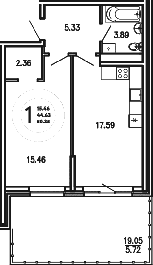1-комн., 44.63 м²