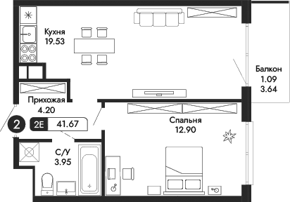 2-комн., 40.58 м²