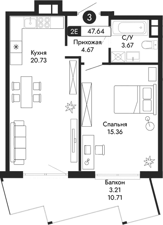 2-комн., 44.43 м²