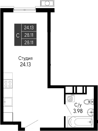 Студия, 28.11 м²