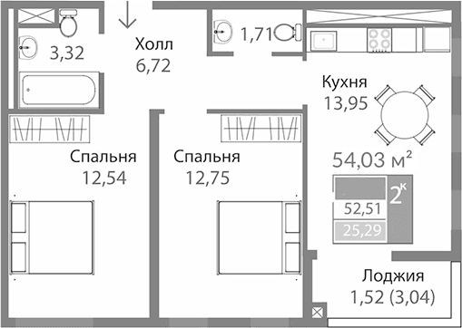 2-комн., 50.99 м²