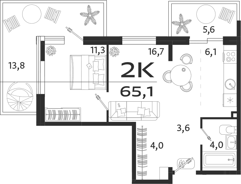 2-комн., 45.7 м²