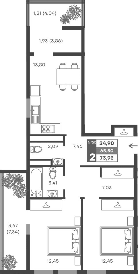 2-комн., 58.69 м²