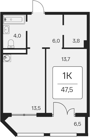 1-комн., 41 м²