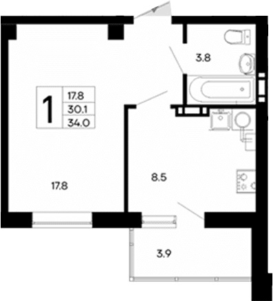 1-комн., 30.1 м²