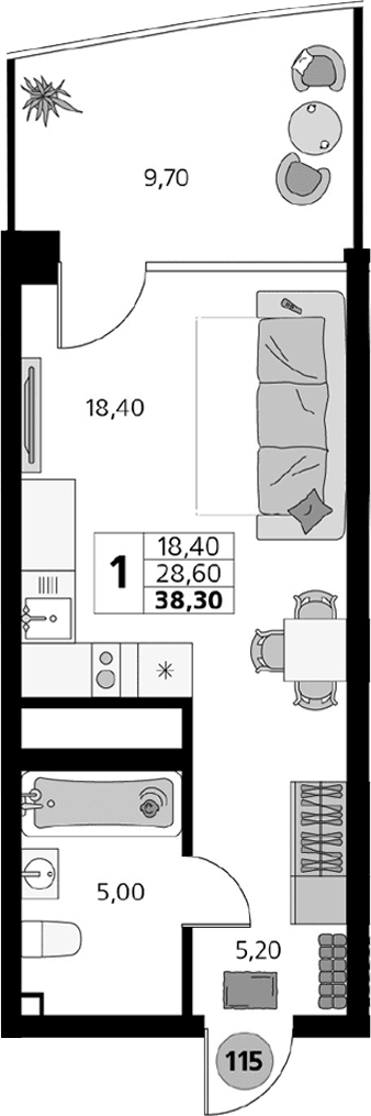 Студия, 28.6 м²