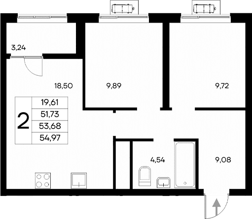 2-комн., 51.73 м²