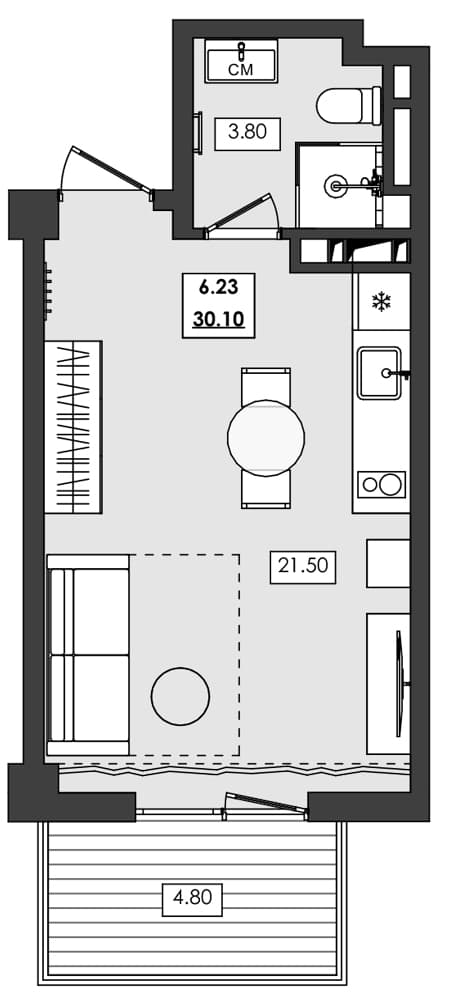 Студия, 25.3 м²